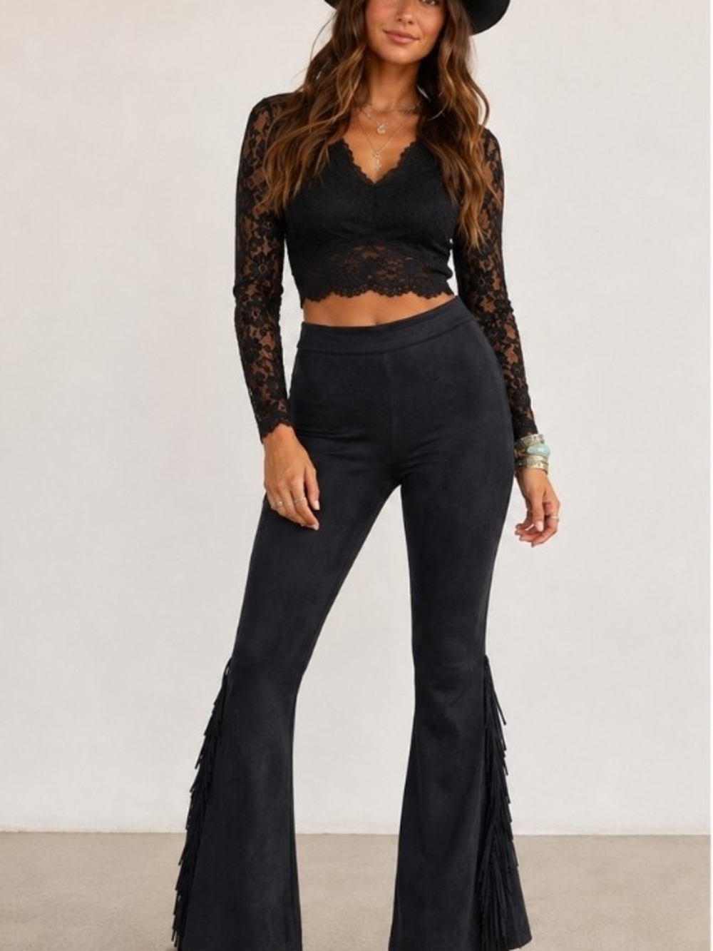 Ces Femme Faux Suede Fringe Leg and Back Bell Bottom Pants